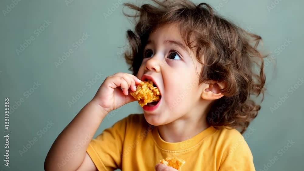 Happy child eating crunchy snack with joyful expression in bright room setting Happy child eating crunchy snack with joyful expression in bright room setting