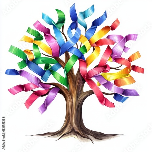 Cancer awareness tree with multicolored ribbons isolated on white background