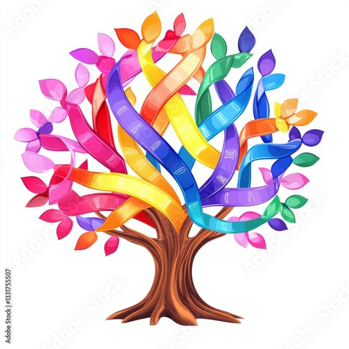 Cancer awareness tree with multicolored ribbons isolated on white background