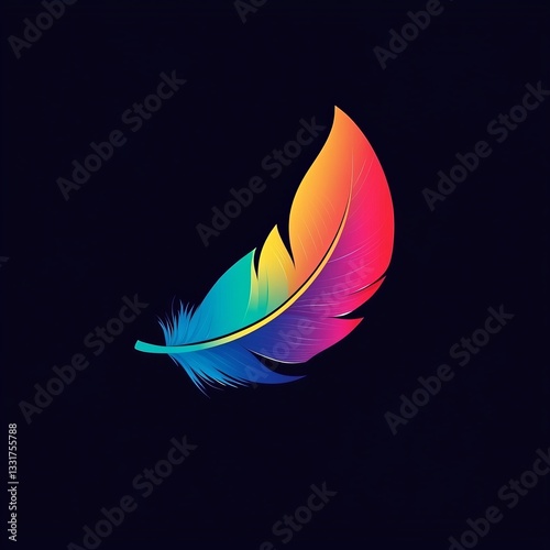 Rainbow Feather on Dark Blue Background