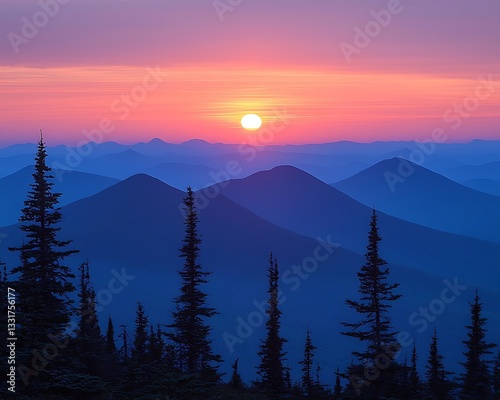 Mountain Sunset: Silhouette Trees for Pink Sky.