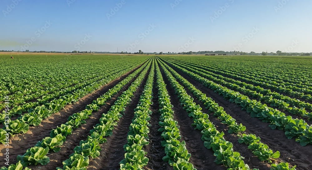 Large agricultural field with rows of green crops. Large vegetable plantation with organized crop rows Large agricultural field with rows of green crops. Large vegetable plantation with organized crop rows