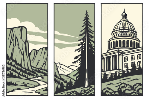 vector illustration of a temple poster forest with building and mountain
