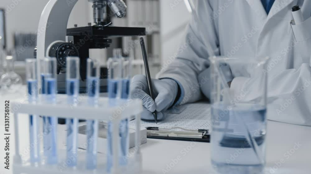 Closeup of test tubes and beaker with blue solution on table and anonymous scientist taking notes in background, conducting experiments in drug development laboratory Closeup of test tubes and beaker with blue solution on table and anonymous scientist taking notes in background, conducting experiments in drug development laboratory