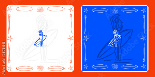 illustration Surfer girl with surfing board on beach