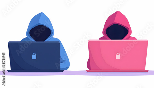 Two hooded figures working on laptops
