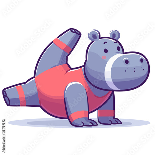 Hippo in yoga pose wearing exercise outfit. Vector illustration for fitness programs, stretching routines or physical wellness concepts.