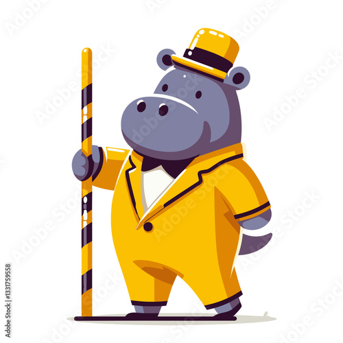 Crossing guard hippo in yellow uniform with stop sign. Vector illustration for traffic safety, school zone protection or community service roles.