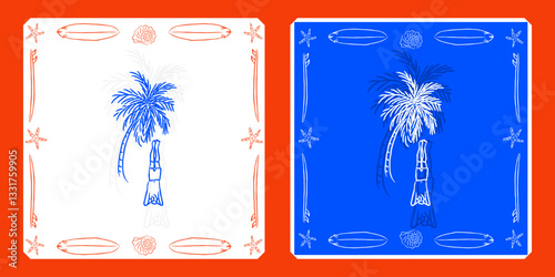 Vector clipart surfer standing on head on beach under palm