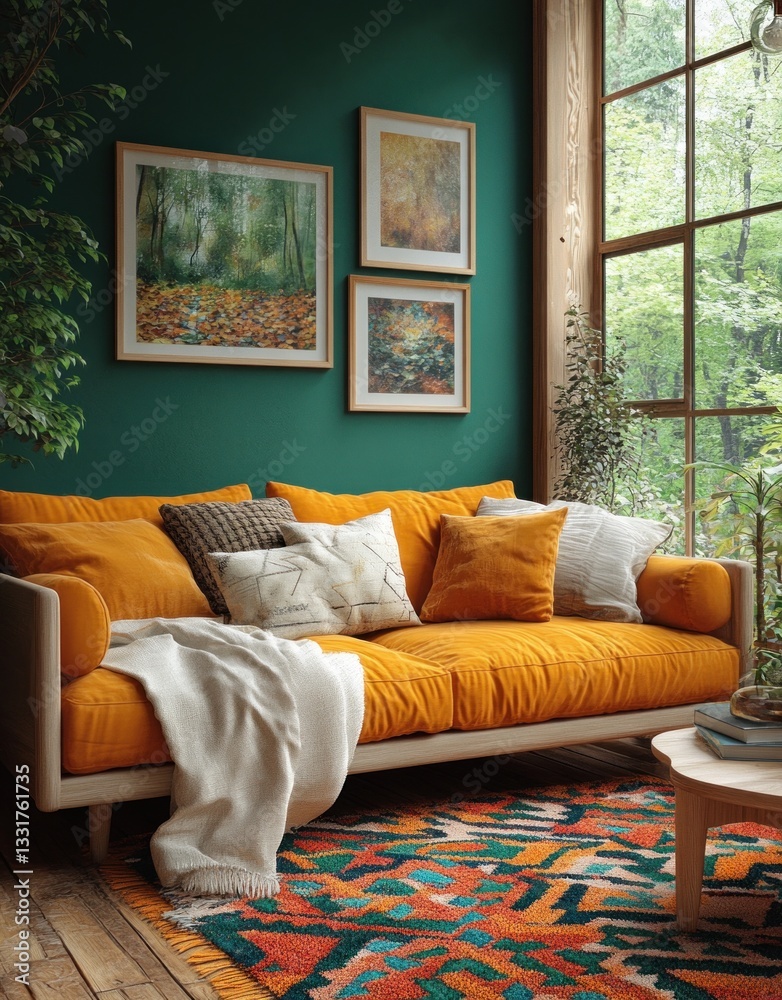 Fototapeta premium modern living room design with colorful geometric rug and mid-century furniture