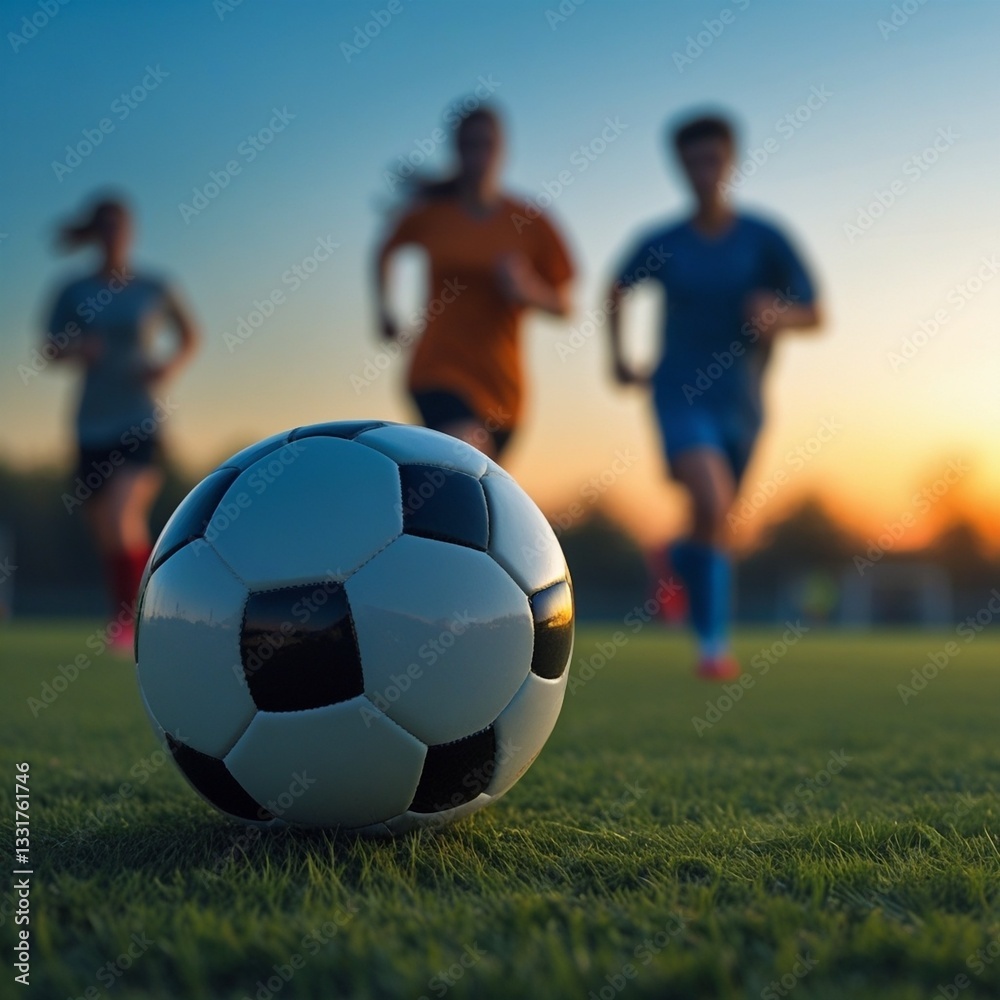 Fototapeta premium The image captures a dynamic outdoor sports photograph of a soccer ball on a grassy field, with blurred people and a warm sky, showcasing the excitement and anticipation of the game.