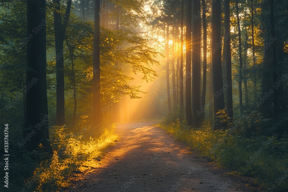 Obraz premium a sunlit path leads through a dense forest, sunlight filtering through the trees.