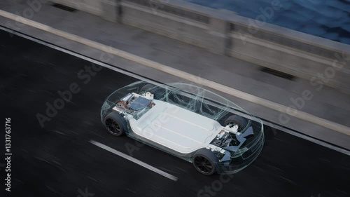 Wallpaper Mural Electric Car Drives On Bridge. Realistic 3D Animation Of Moving Vehicle On Highway. Transparent Chassis Showing Its Interior, Batteries And Electric Engine.  Vfx Animation Torontodigital.ca
