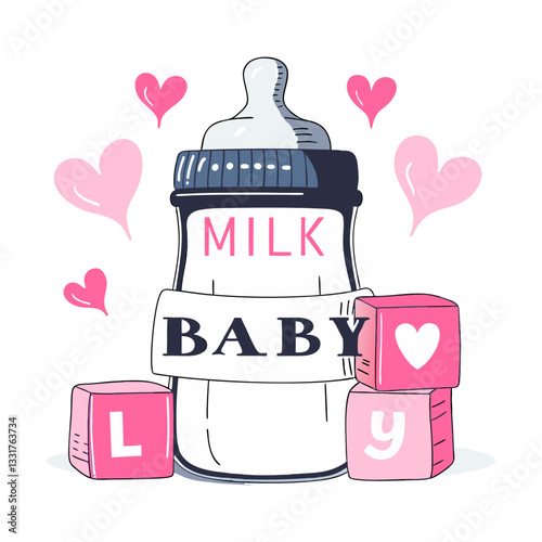 Cute baby bottle vector with alphabet blocks and heart accents. Playful and minimalist illustration symbolizing newborn care, parenting, love, and baby essentials.