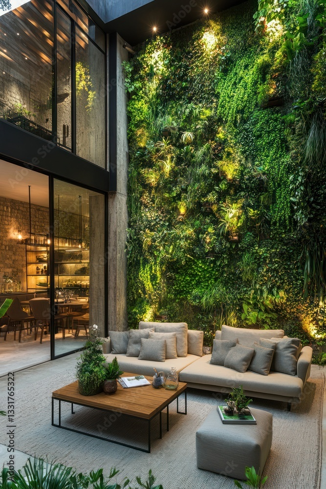 Obraz premium Urban courtyard with lush vertical garden. Modern outdoor living space
