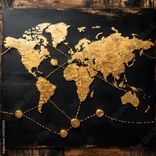 Golden World Map with Interconnected Coins on Dark Wood