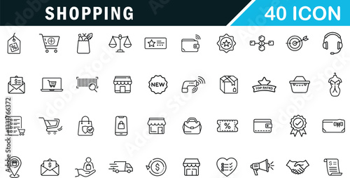 Shopping outline editable icon set . Costumer, store, product, purchase and more .
