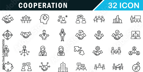 Cooperation outline editable icon set . teamwork, corporation, meeting and more.