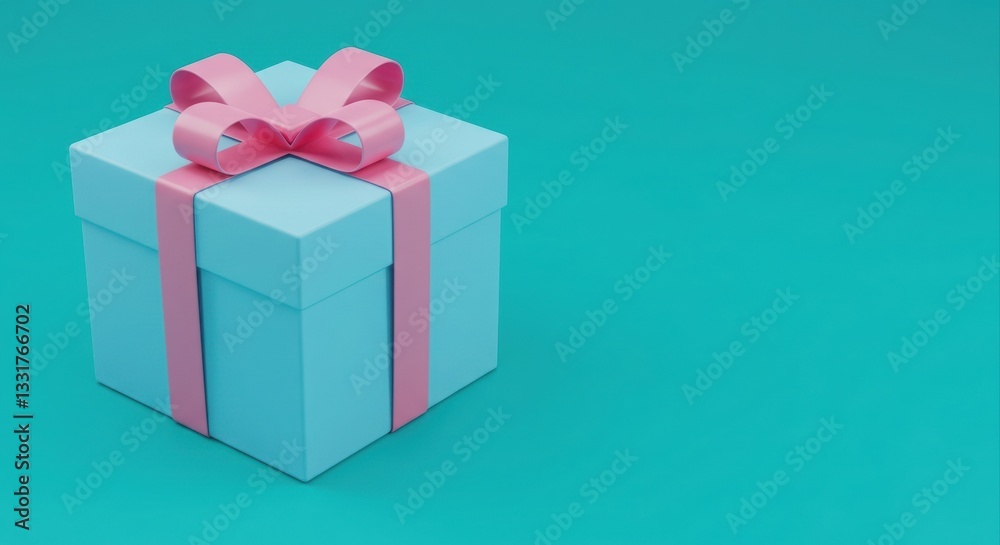 Fototapeta premium Light blue gift box with pink ribbon.