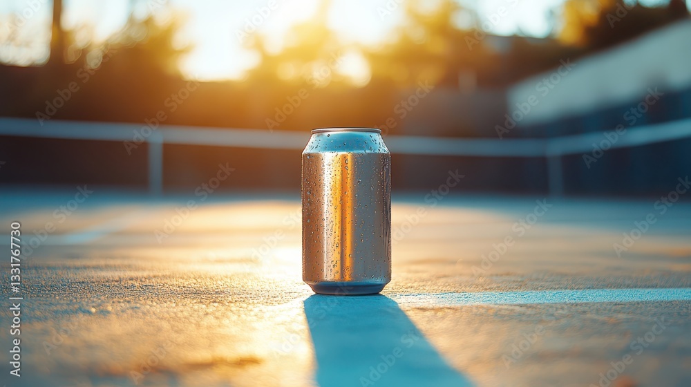 A chilled beverage can stands on a sunlit outdoor surface, casting a long shadow as it catches the golden rays of the setting sun, evoking a sense of relaxation A chilled beverage can stands on a sunlit outdoor surface, casting a long shadow as it catches the golden rays of the setting sun, evoking a sense of relaxation