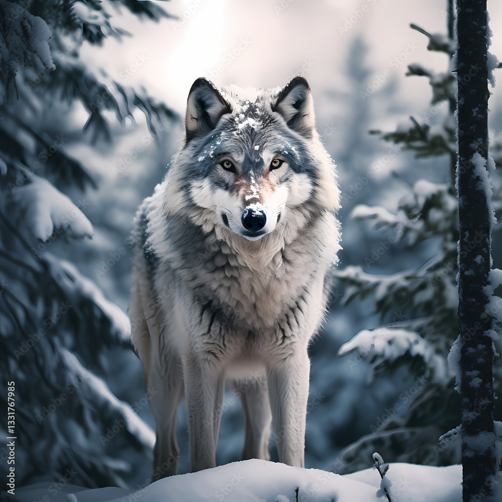 Fototapeta premium A lone wolf in a snowy wilderness.