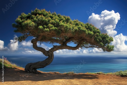 Torrey Pine Tree. Majestic Evergreen Against Pacific Ocean Skyline photo