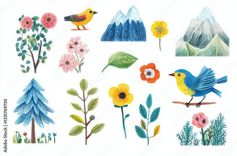 Obraz premium Whimsical Colorful Illustrations of Nature Elements Birds Flowers Mountains Trees