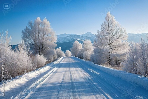 Photograph of a road covered in snow, with trees covered in frost and a clear blue sky in the background 