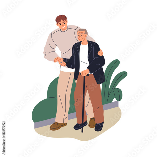 Senior old man walking with cane, supported by young volunteer. Elderly people care, assistance concept. Assisting, helping aged male in movement. Flat vector illustration isolated on white background