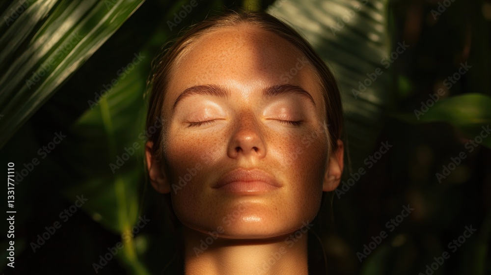 Radiant skin illuminated by soft sunlight, surrounded by lush gr Radiant skin illuminated by soft sunlight, surrounded by lush gr
