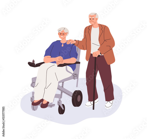 Elderly couple. Senior man with cane, stick and old aged woman sitting in wheelchair, smiling. Happy elder people, family with mobility aids. Flat vector illustration isolated on white background