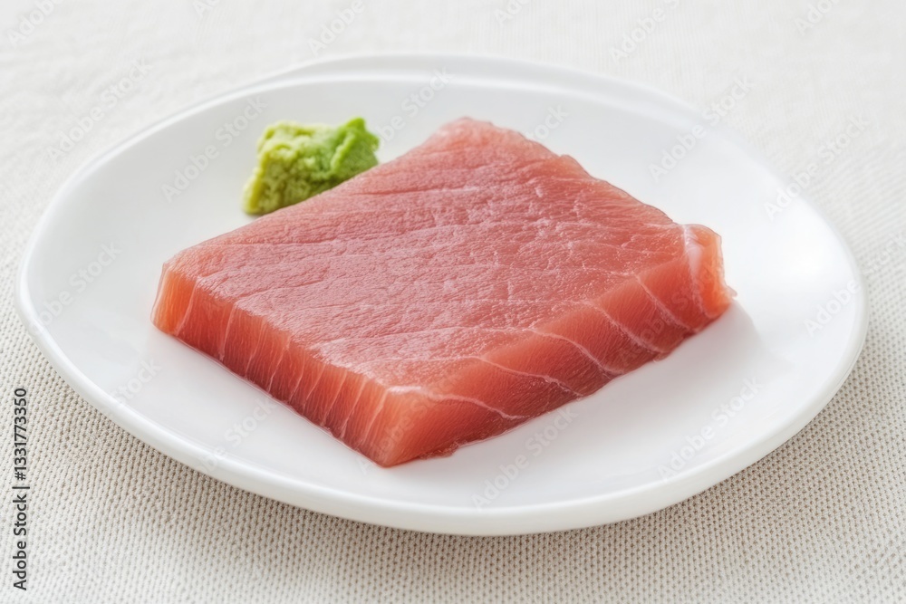 Tuna Tataki: Traditional Japanese Fish Sushi Piece on White Plate, Culinary Delight Tuna Tataki: Traditional Japanese Fish Sushi Piece on White Plate, Culinary Delight