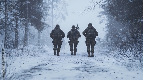 Soldiers walking in a snowy forest landscape.