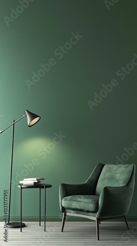 Modern green living room corner.  A cozy reading nook with a green velvet armchair, a small table, and a floor lamp