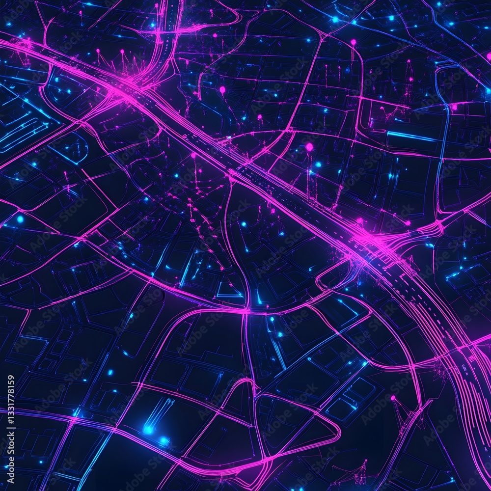 Fototapeta premium Abstract Cityscape Neon Lights Network Digital Art