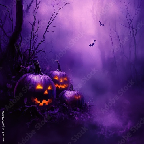 Spooky Halloween pumpkins in a mystical forest
