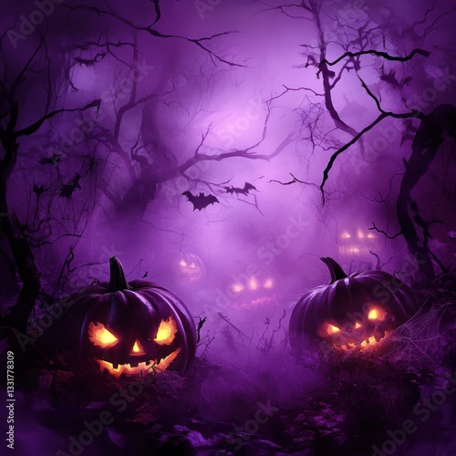 Spooky Halloween forest scene with lit jack-o'-lanterns.  Mysterious, eerie, and vibrant purple colors dominate the foggy woods.  Bats and other creepy creatures add to the ambiance
