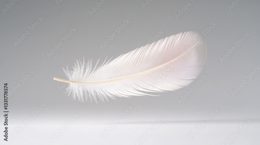 Obraz premium Delicate white feather floating gracefully against soft, minimal