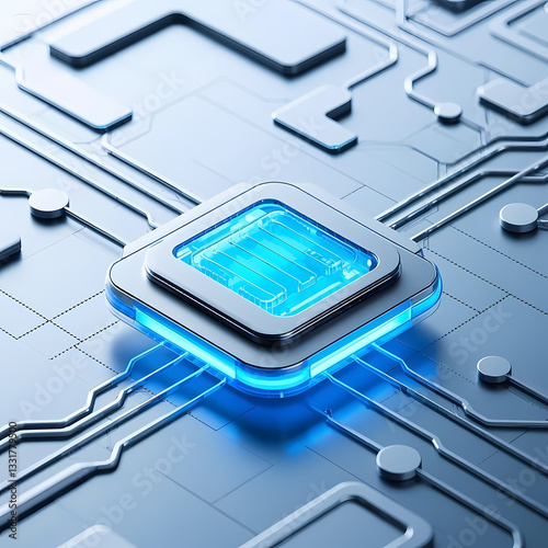 Futuristic Electronic Circuit With Glowing Central Processor in Blue