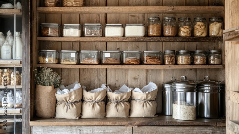 Rustic pantry with wooden shelves filled with various food items. Glass and metal containers and burlap bags are used for storage Rustic pantry with wooden shelves filled with various food items. Glass and metal containers and burlap bags are used for storage