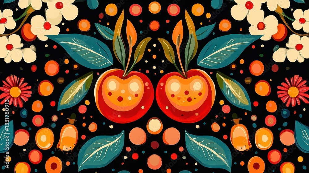 custom made wallpaper toronto digitalVibrant composition showcases two apples surrounded by flowers and colorful dots on a black backdrop, perfect for festive or artistic themes, adding warmth and energy to any space