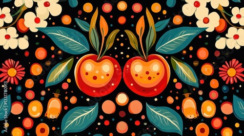 Wallpaper Mural Vibrant composition showcases two apples surrounded by flowers and colorful dots on a black backdrop, perfect for festive or artistic themes, adding warmth and energy to any space Torontodigital.ca