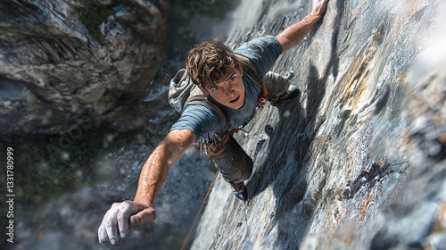 Young male climber ascending steep rocky mountain face man grit grey dust sport brave rocks brown