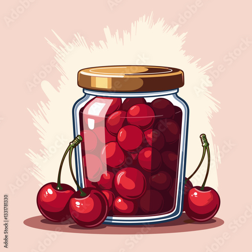 Fresh cherry jam in clear jar with cherries, homemade delight
