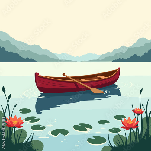 Lone rowboat floating in serene pond with lily pads, tranquility concept