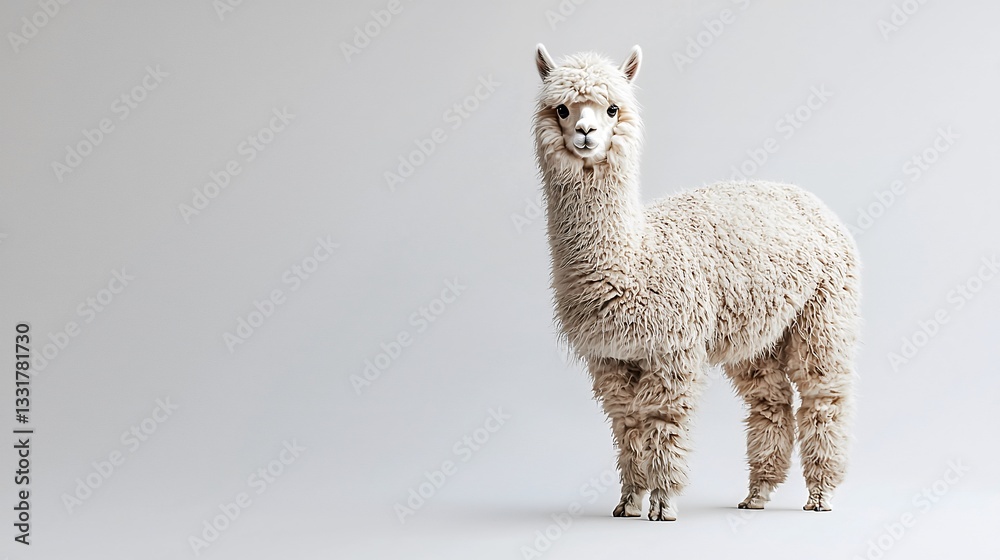 Fototapeta premium Fluffy alpaca posing elegantly against a pure white background in a studio environment