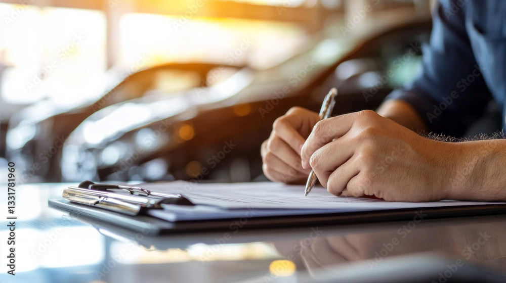 Reviewing warranty options while seated at a desk with vehicles visible in the background Reviewing warranty options while seated at a desk with vehicles visible in the background