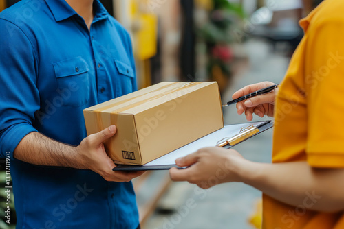 Receiving delivery package. Delivery man and customer.