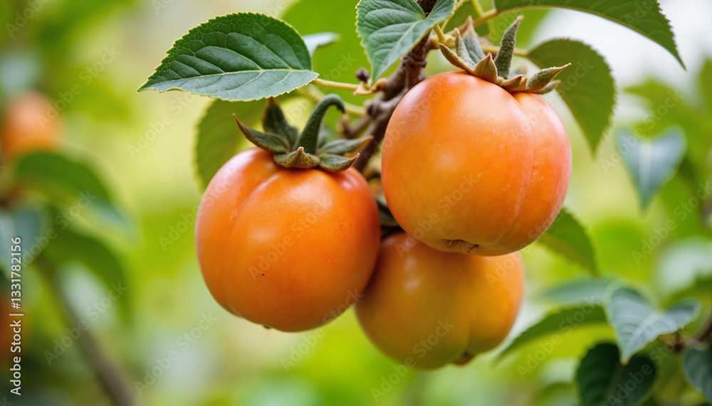 Ripe orange persimmon hanging from branch with lush green leaves Ripe orange persimmon hanging from branch with lush green leaves
