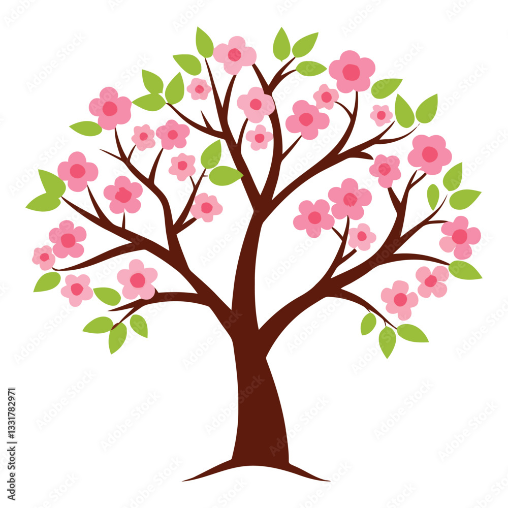 Vector tree with pink flowers and hearts in a spring garden Vector tree with pink flowers and hearts in a spring garden